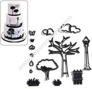 Baker's Cutlery® 14Pcs/Set Park Theme Silhouette Cookie Cutter Plastic Plant Tree Grass Street Lamp Fondant Biscuit Cutter Sugarcraft Cake Decorating Tools