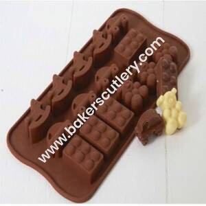 Baker's Cutlery® 15-Cavity Horse,Blocks, Teddy And Cars Shape Silicone Brown Chocolate Moulds,Ice Moulds