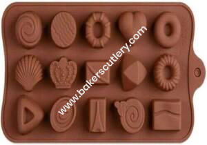 Baker's Cutlery® 15 Cavity Mix Heart Crown Candy Round Design Brown Silicone Chocolate Mould