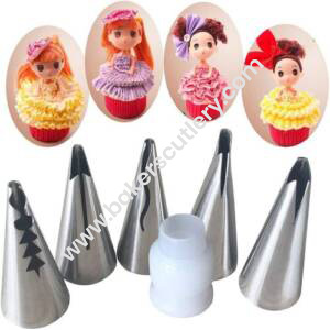 Baker's Cutlery® 5 Pcs Stainless Steel Korean Ruffle Pastry Nozzles Skirt Dress Buttercream Icing Piping Tips Set With 1 Coupler