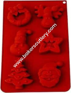 Baker's Cutlery® 6 Cavity 3D Christmas Tree, Star, Snowman, Elk, Santa Clause, Decor Ring, Silicon Moulds Muffin Mould