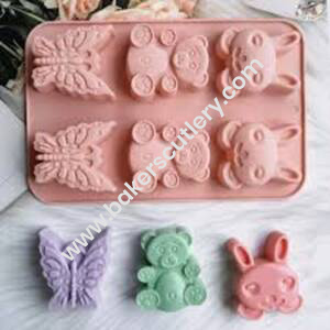 Baker's Cutlery® – 6 Cavity Bunny, Teddy, Butterfly Shape Silicone Chocolate Mould