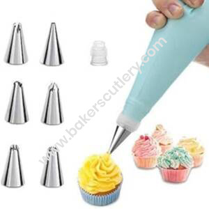 Baker's Cutlery® 6 Pc Cake Decorating Nozzle With Piping Bag Stainless Steel Piping Cream Frosting Nozzles