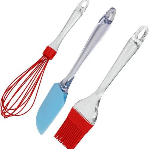 Baker's Cutlery® Polystyrene Handle Silicone Whisk 27Cm, Spatula 25Cm, Pastry Brush 25Cm, Set Of 3, Red