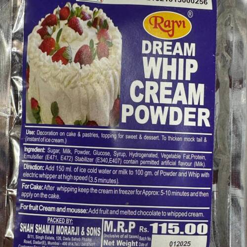Baker’s Cutlery® 1 PC White Rajvi Whip Cream Powder (100 Gm), Used for Decorating Cakes, Pastries, Topping for Sweets, and Desserts, To thicken Mocktail, Can be used in Fruits