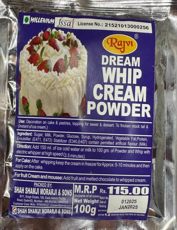 Baker’s Cutlery® 1 PC White Rajvi Whip Cream Powder (100 Gm), Used for Decorating Cakes, Pastries, Topping for Sweets, and Desserts, To thicken Mocktail, Can be used in Fruits