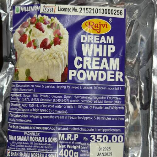 Baker’s Cutlery® 1 PC White Rajvi Whip Cream Powder (400 Gm), Used for Decorating Cakes, Pastries, Topping for Sweets, and Desserts, To thicken Mocktail, Can be used in Fruits